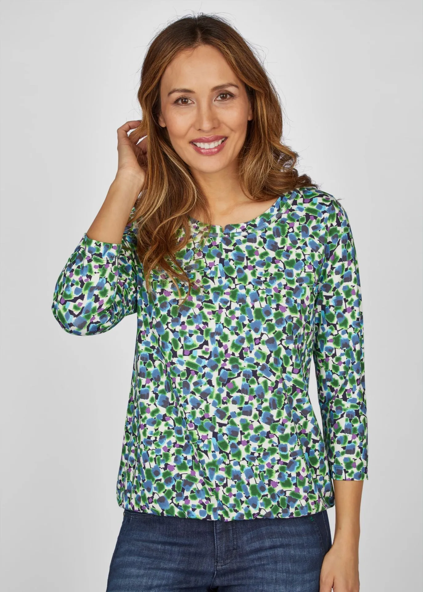 111350- Print Top w/ 3/4 sleeve & elastic waist- Rabe