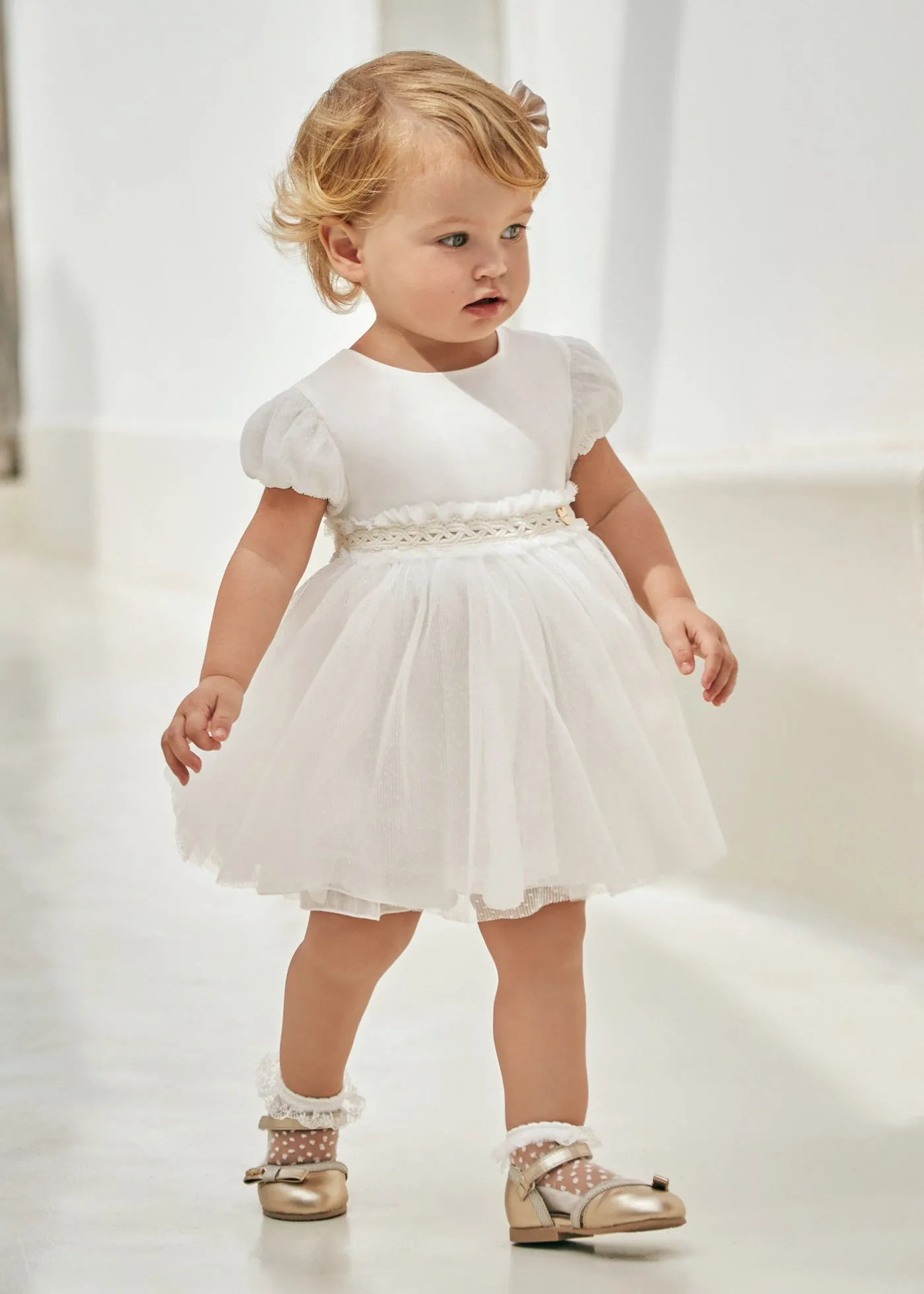 1904 - Pleated tulle dress for baby girl - Natural