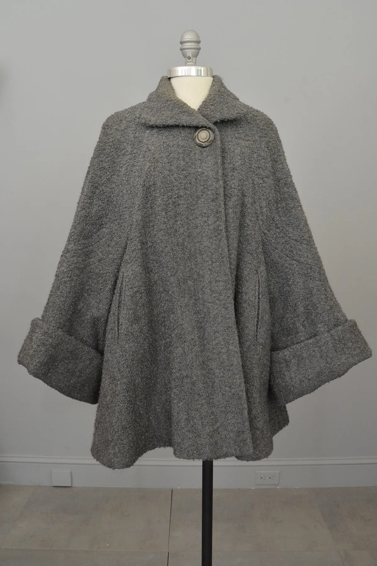 1940s Grey Boucle Swing Coat with Cuffed Bell Sleeves