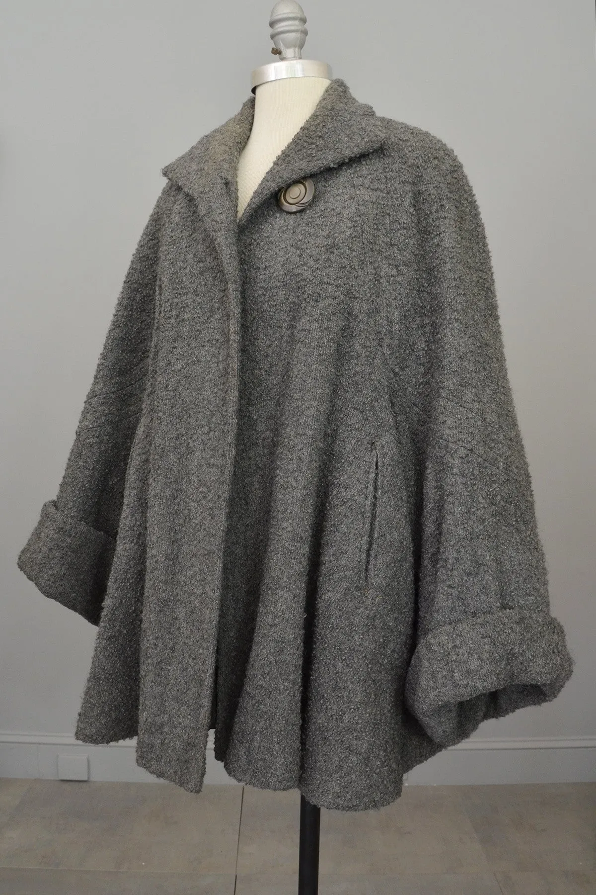 1940s Grey Boucle Swing Coat with Cuffed Bell Sleeves