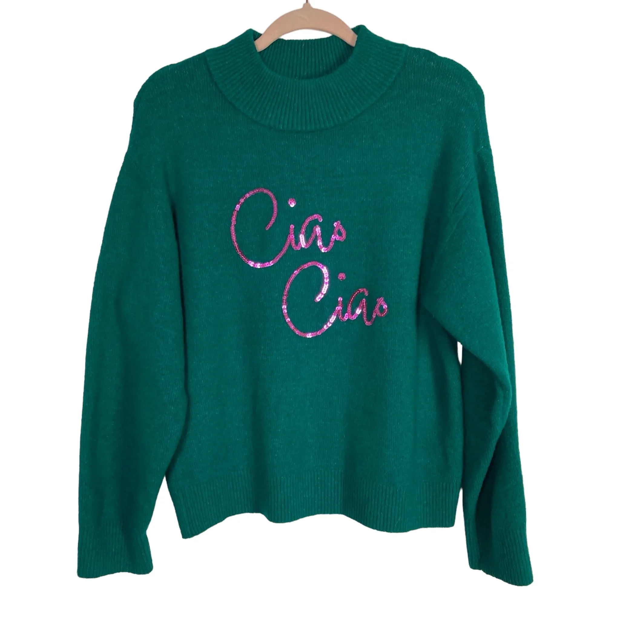 A New Day Green with Pink Sequin Ciao Ciao Sweater- Size M