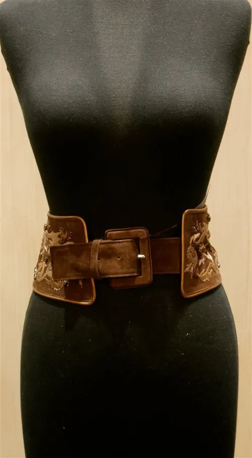 Adrienne Landau Jewel Embroidered Brown Suede Belt