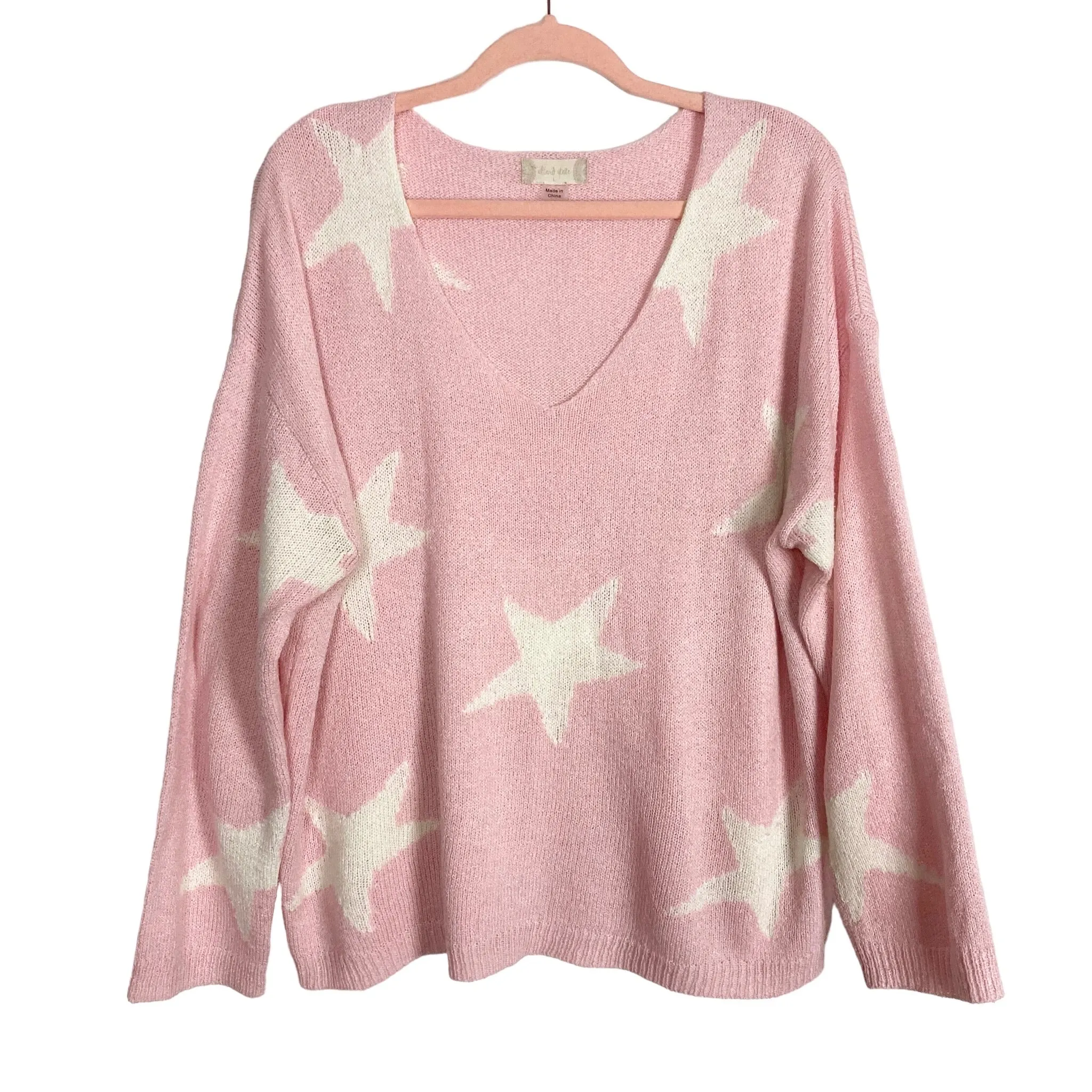 Altar'd State Pink with White Stars V-Neck Sweater- Size L