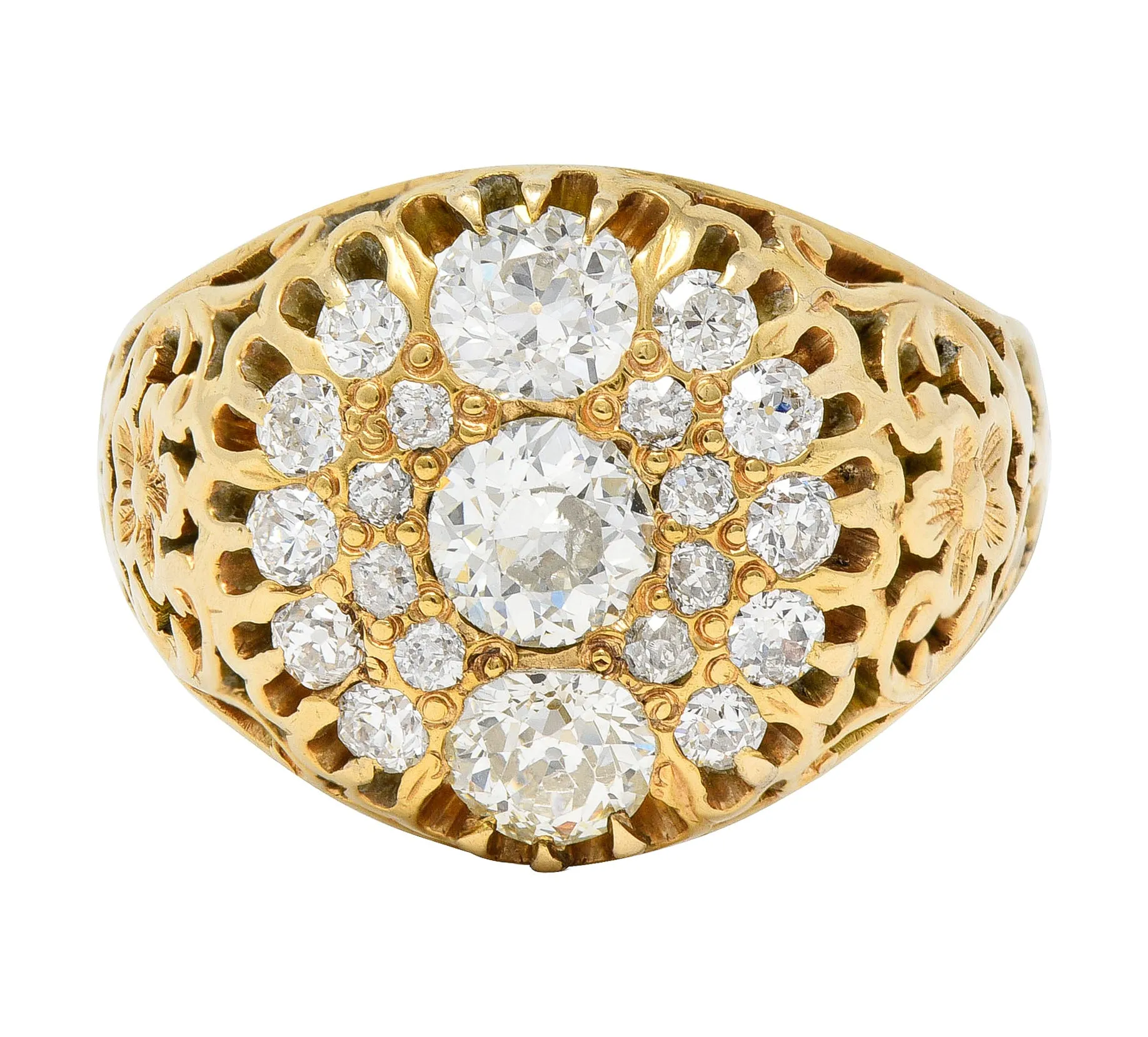 Art Nouveau 2.09 CTW Old European Cut Diamond 14 Karat Yellow Gold Floral Unisex Antique Cluster Ring