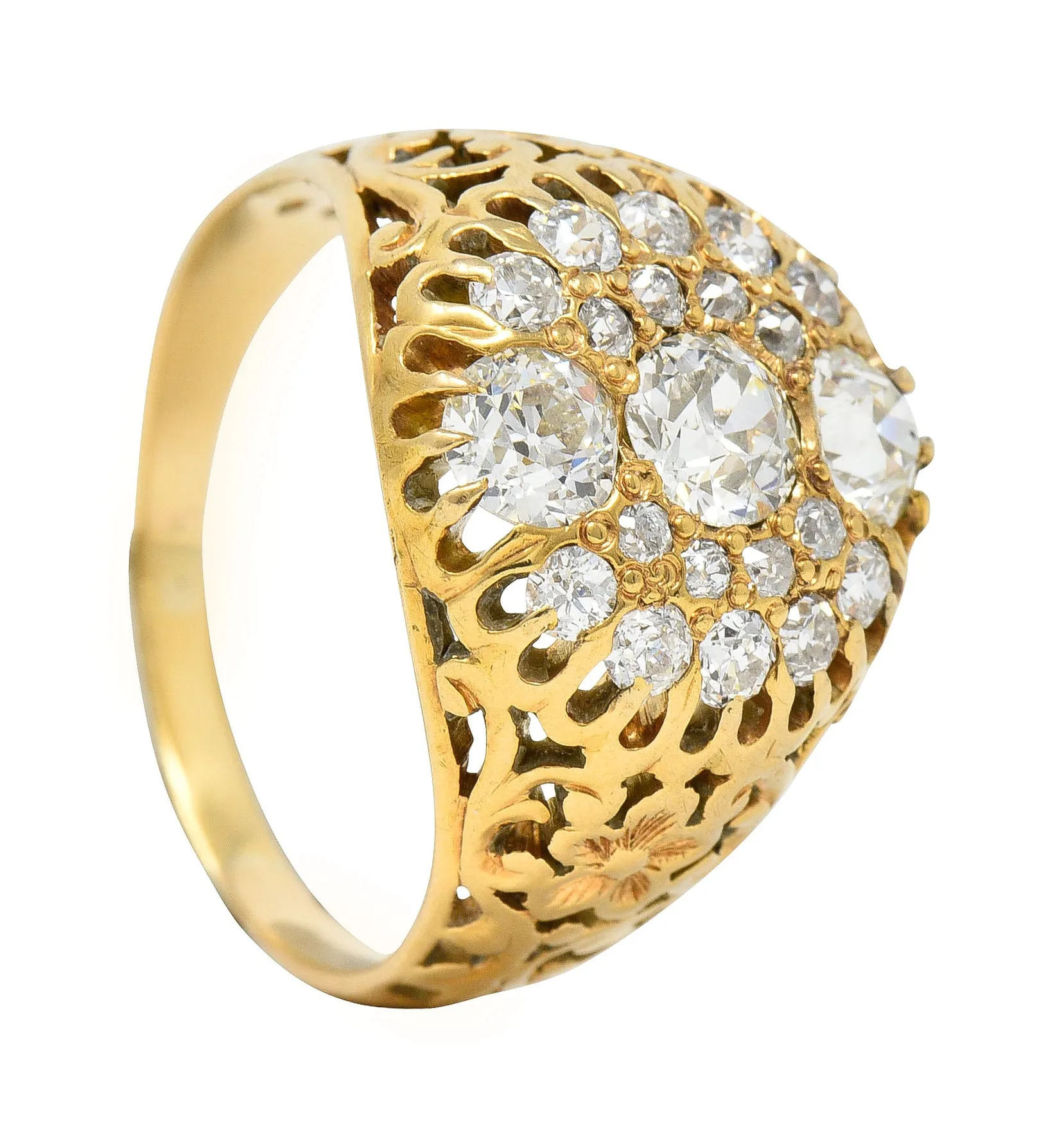 Art Nouveau 2.09 CTW Old European Cut Diamond 14 Karat Yellow Gold Floral Unisex Antique Cluster Ring