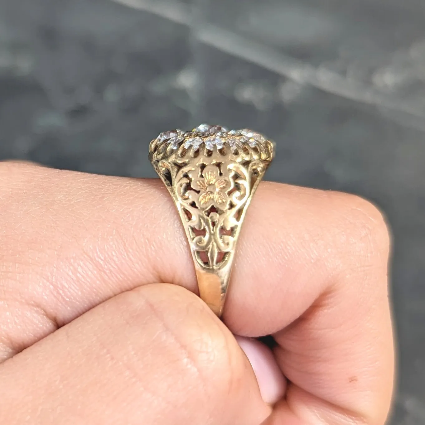 Art Nouveau 2.09 CTW Old European Cut Diamond 14 Karat Yellow Gold Floral Unisex Antique Cluster Ring