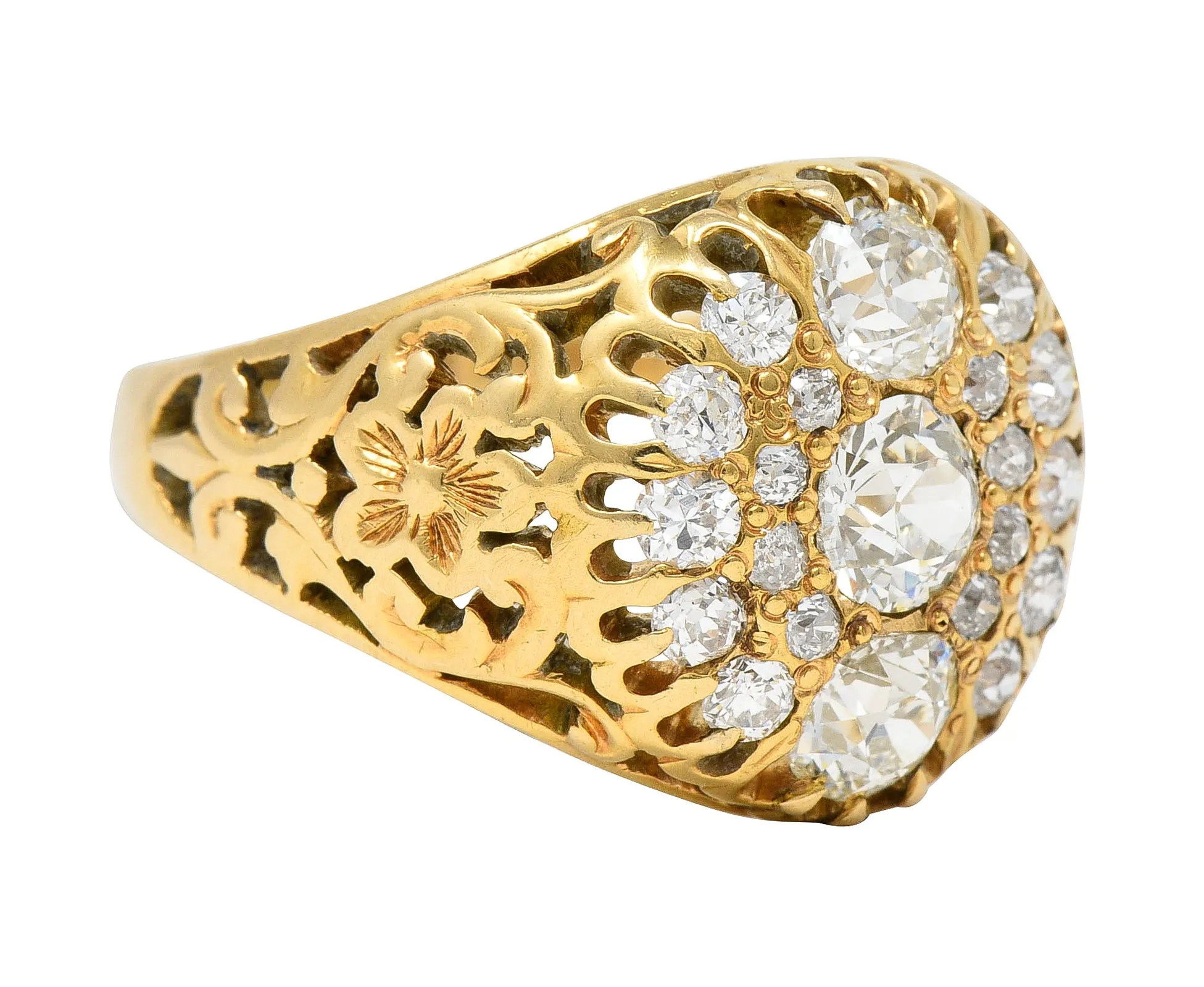 Art Nouveau 2.09 CTW Old European Cut Diamond 14 Karat Yellow Gold Floral Unisex Antique Cluster Ring