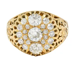 Art Nouveau 2.09 CTW Old European Cut Diamond 14 Karat Yellow Gold Floral Unisex Antique Cluster Ring