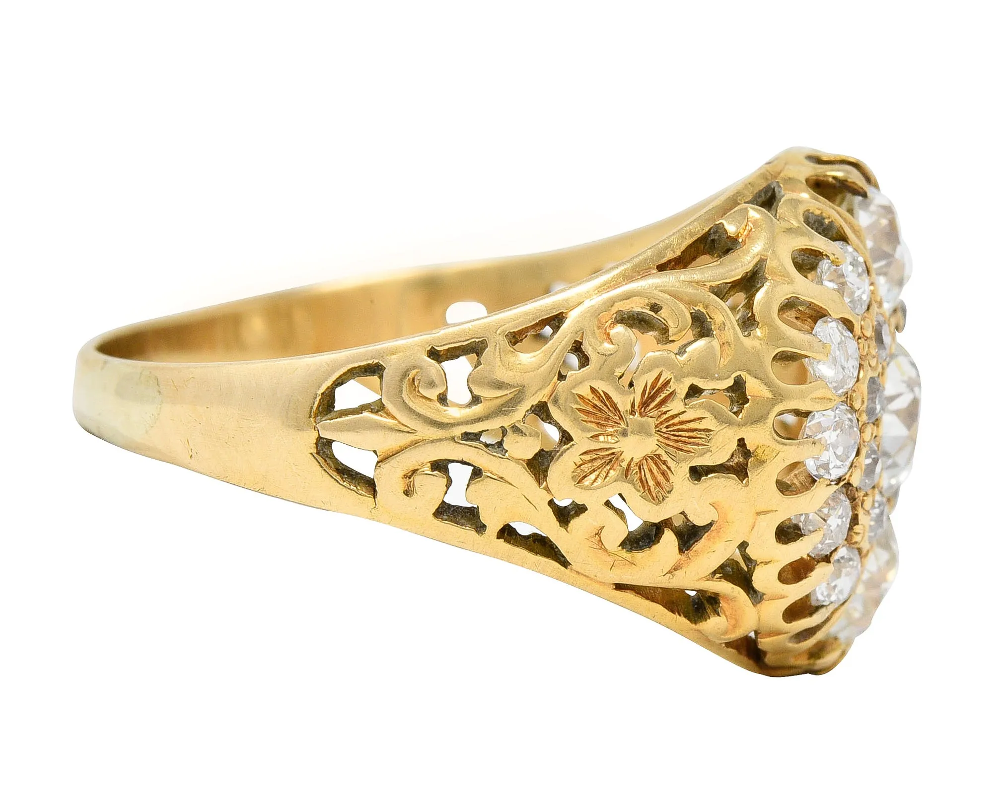 Art Nouveau 2.09 CTW Old European Cut Diamond 14 Karat Yellow Gold Floral Unisex Antique Cluster Ring