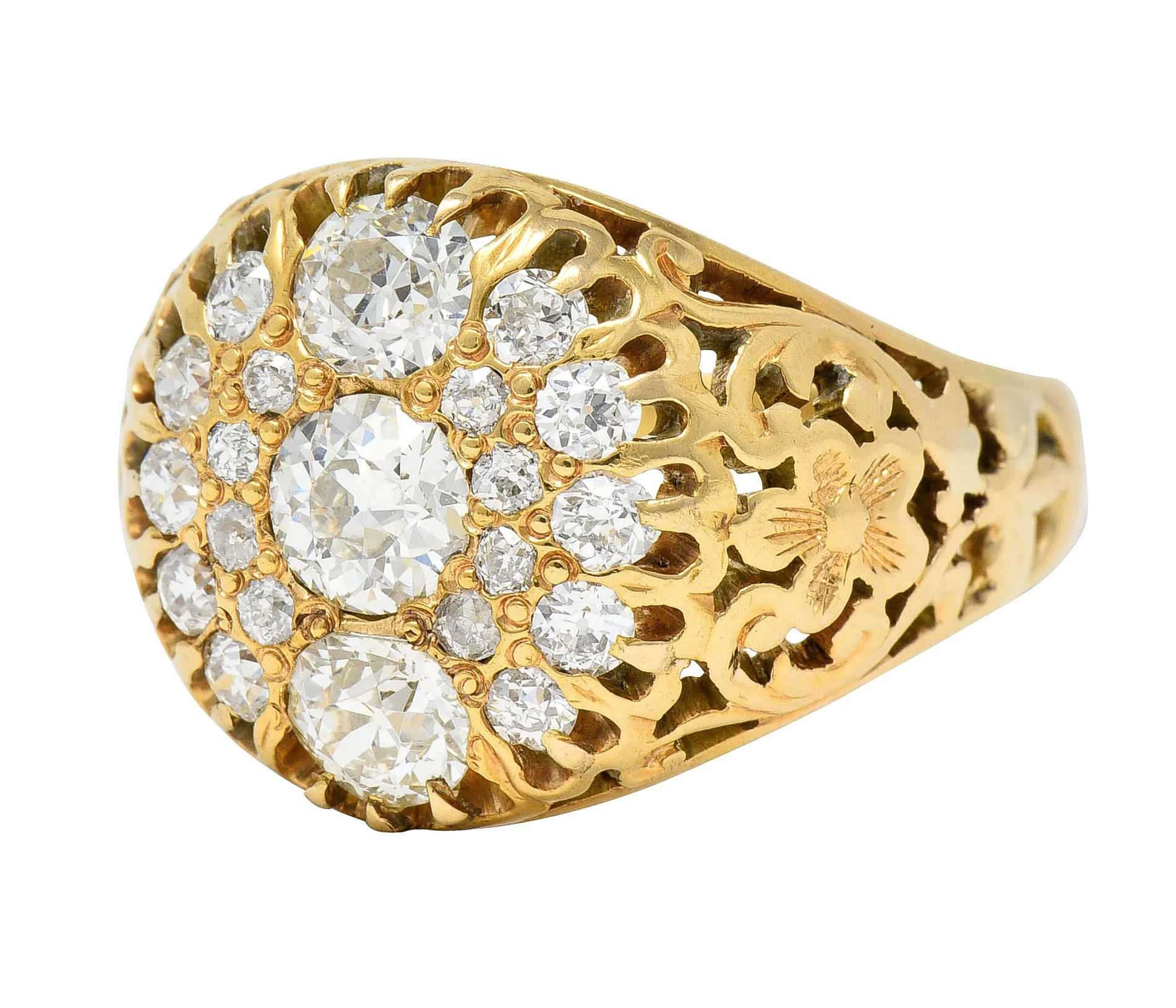 Art Nouveau 2.09 CTW Old European Cut Diamond 14 Karat Yellow Gold Floral Unisex Antique Cluster Ring