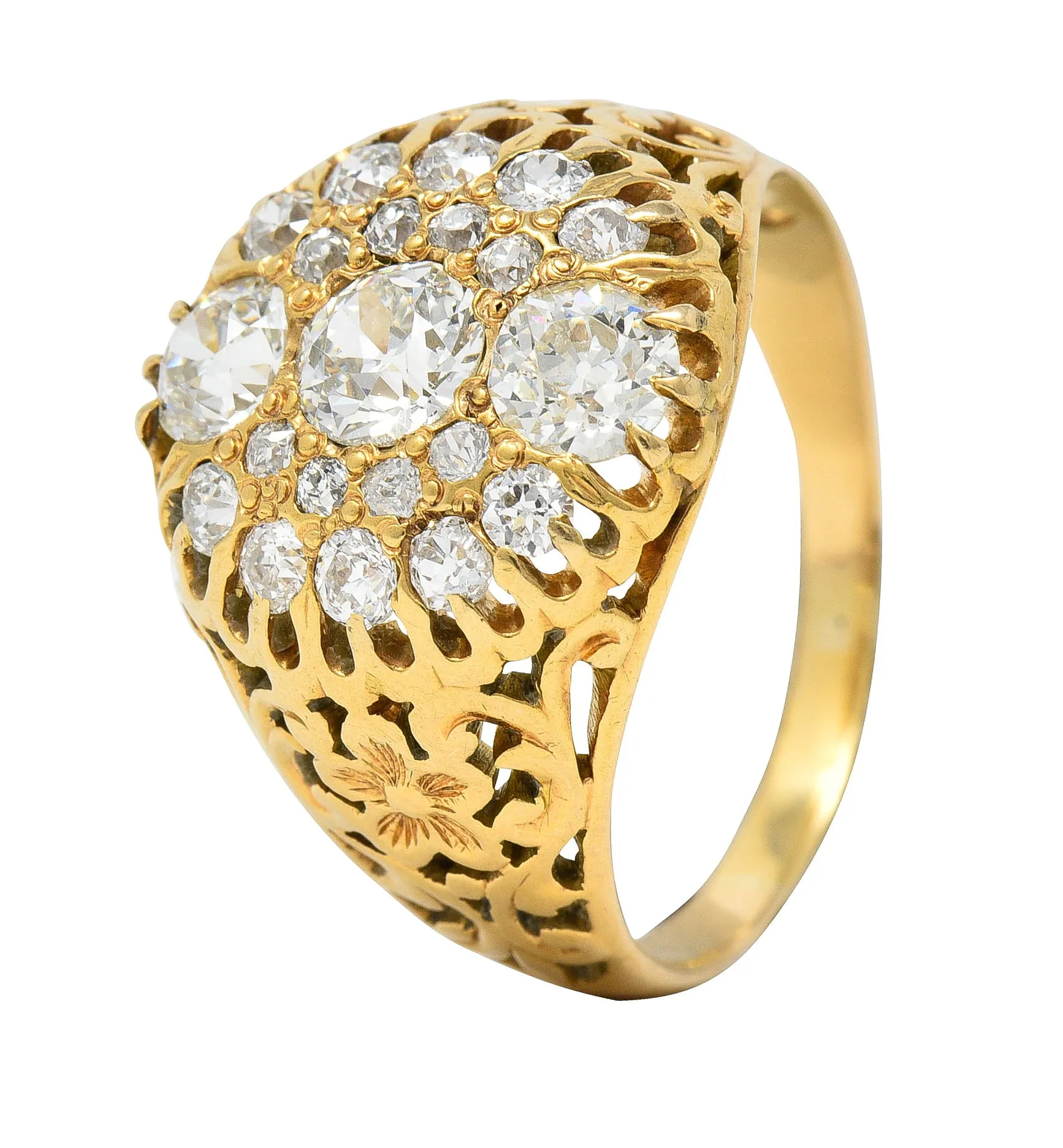 Art Nouveau 2.09 CTW Old European Cut Diamond 14 Karat Yellow Gold Floral Unisex Antique Cluster Ring