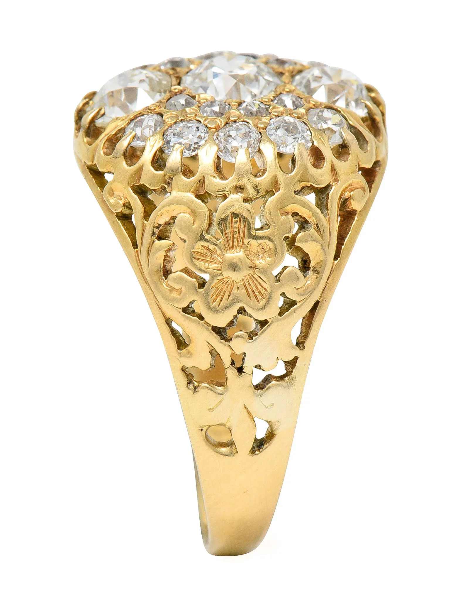 Art Nouveau 2.09 CTW Old European Cut Diamond 14 Karat Yellow Gold Floral Unisex Antique Cluster Ring