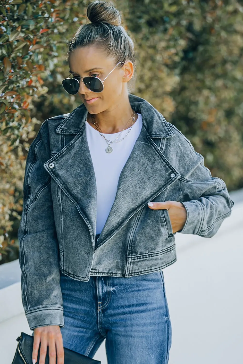 AvaAnna Acid Wash Cropped Denim Jacket