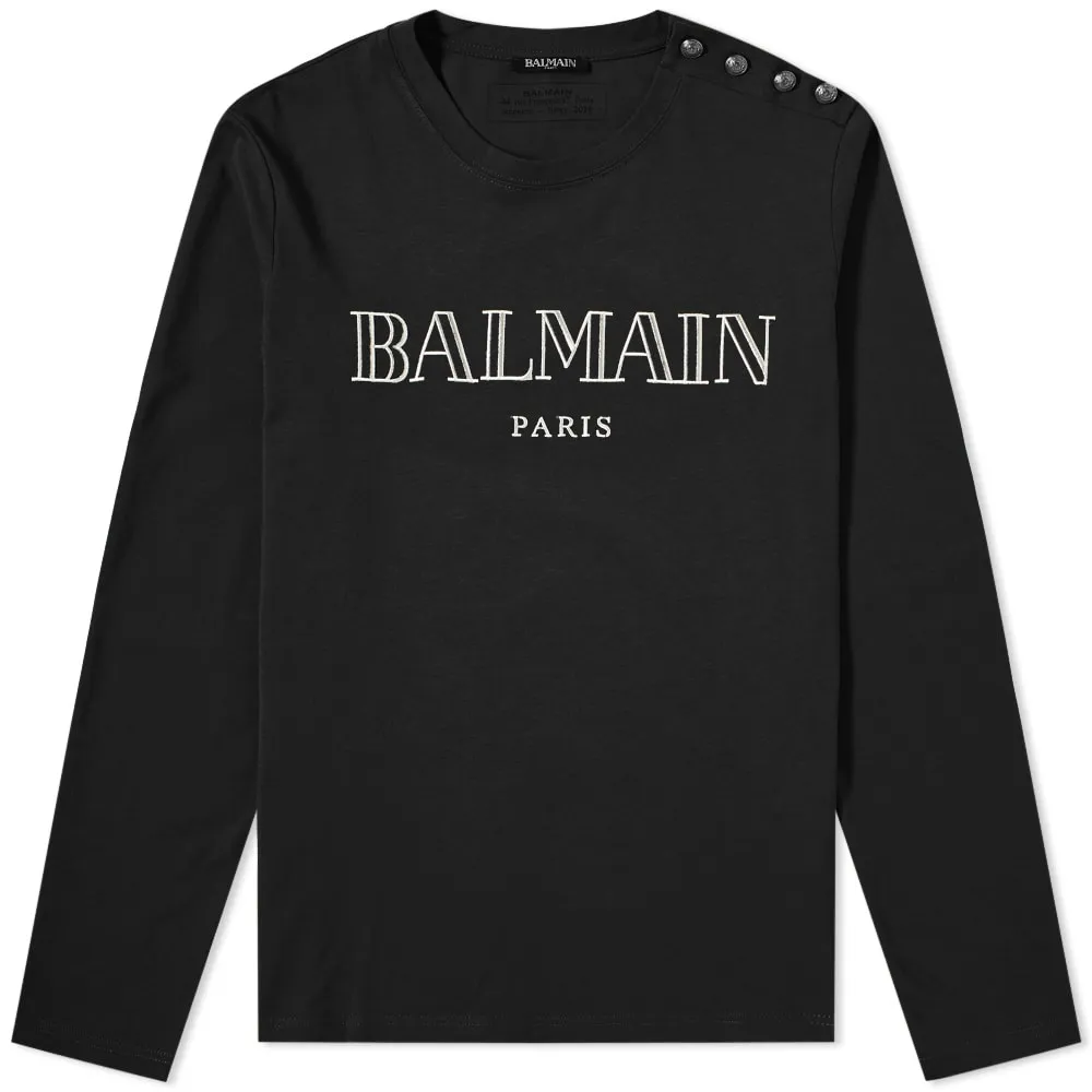 Balmain Long Sleeve Paris Logo Button TeeBlack