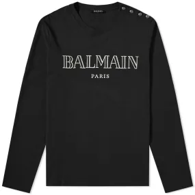 Balmain Long Sleeve Paris Logo Button TeeBlack