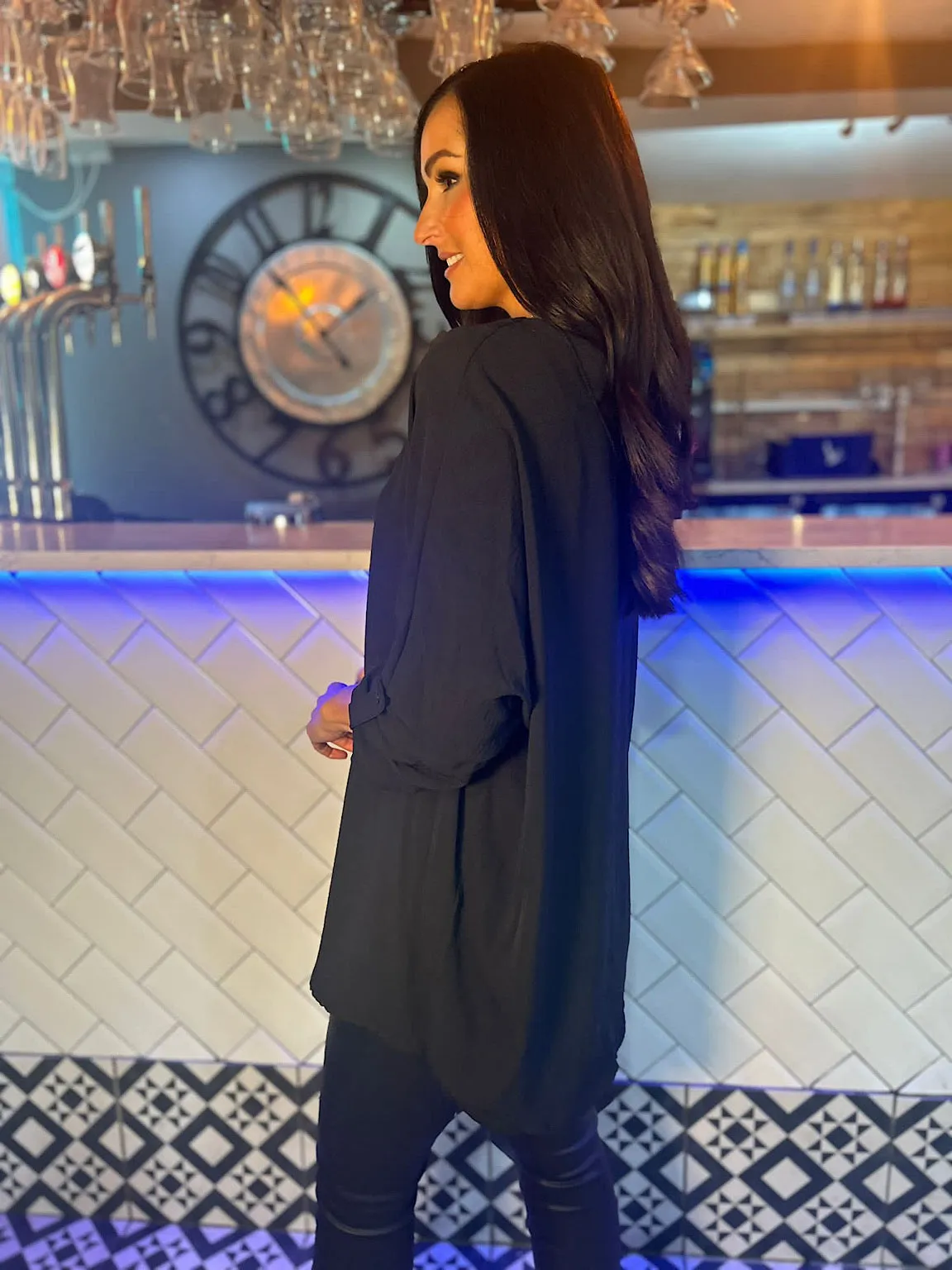 Black Crepe Button Sleeve Blouse Susan