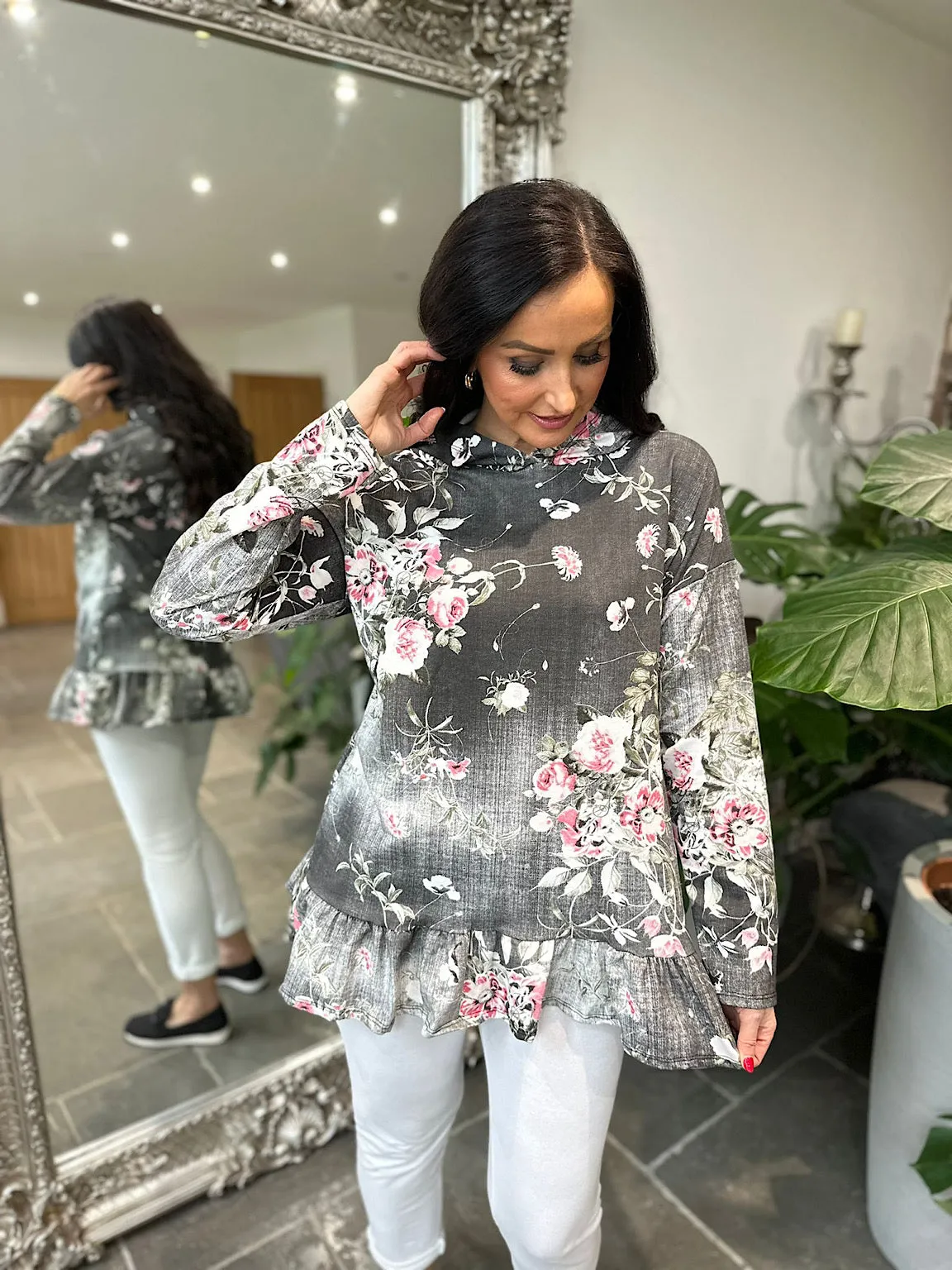 Black Denim Floral Frill Hem Hooded Sweatshirt India