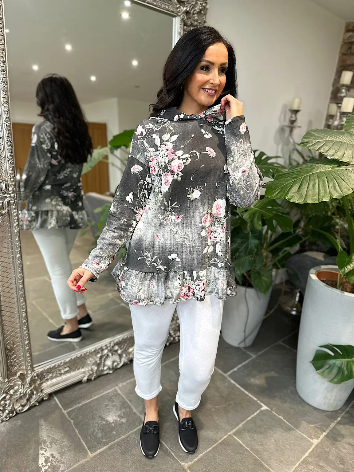 Black Denim Floral Frill Hem Hooded Sweatshirt India