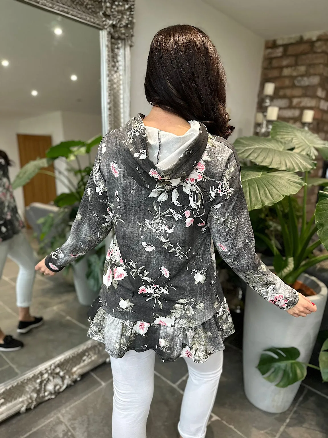 Black Denim Floral Frill Hem Hooded Sweatshirt India