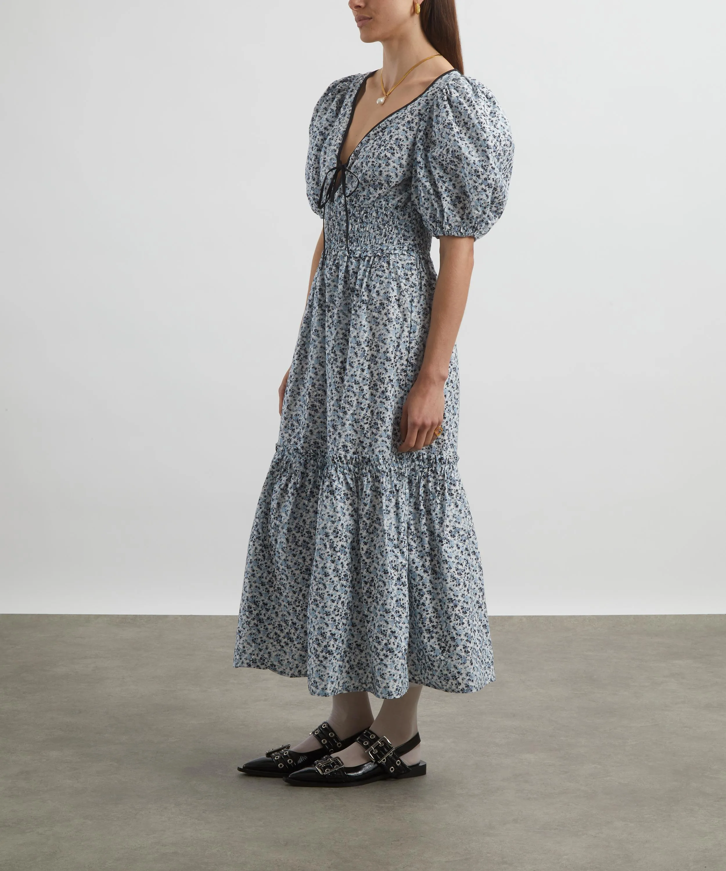 Blue Floral Printed Smock Maxi-Dress