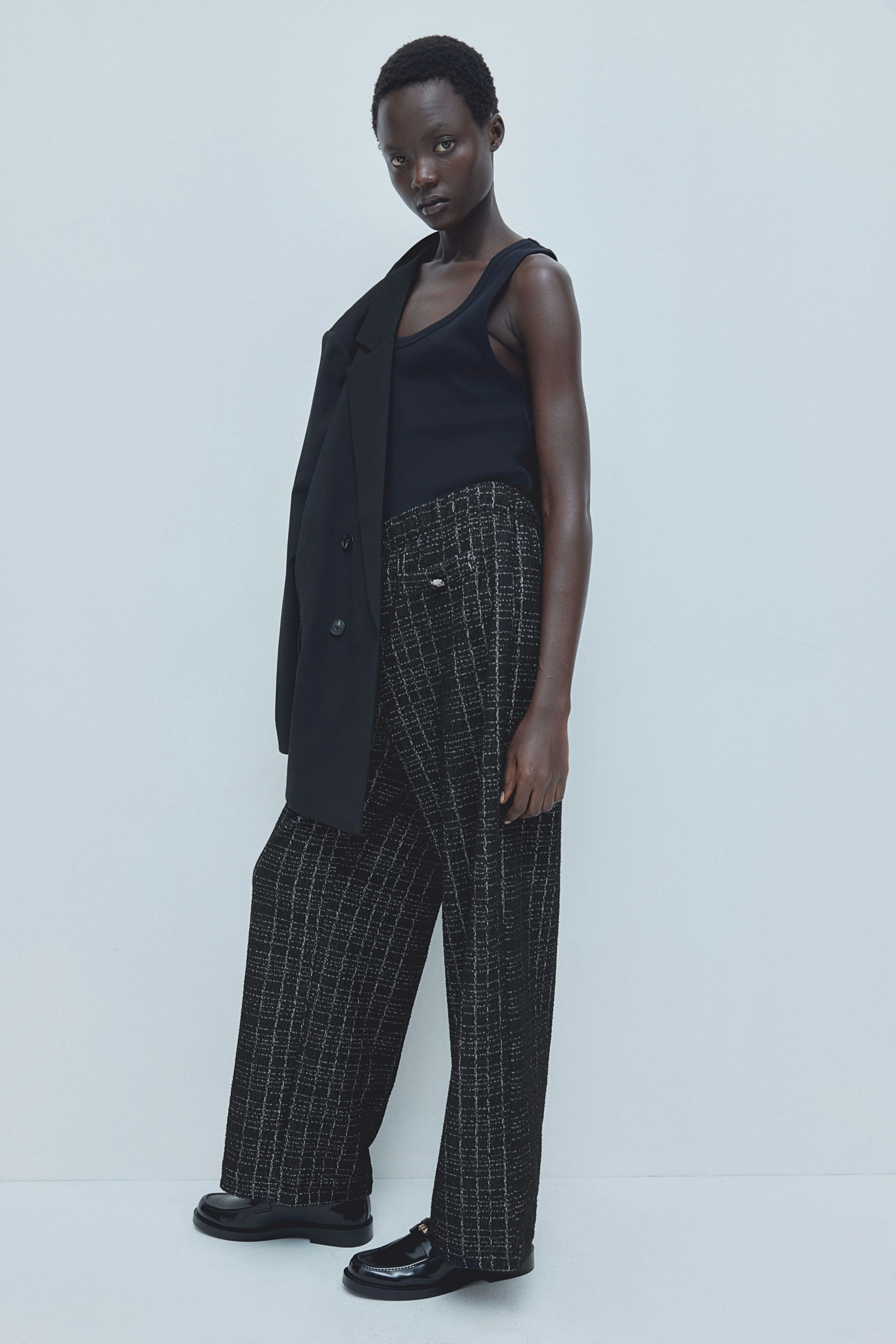 Bouclé-jersey trousers - Regular waist - Long - Black/Checked - Ladies | H&M GB