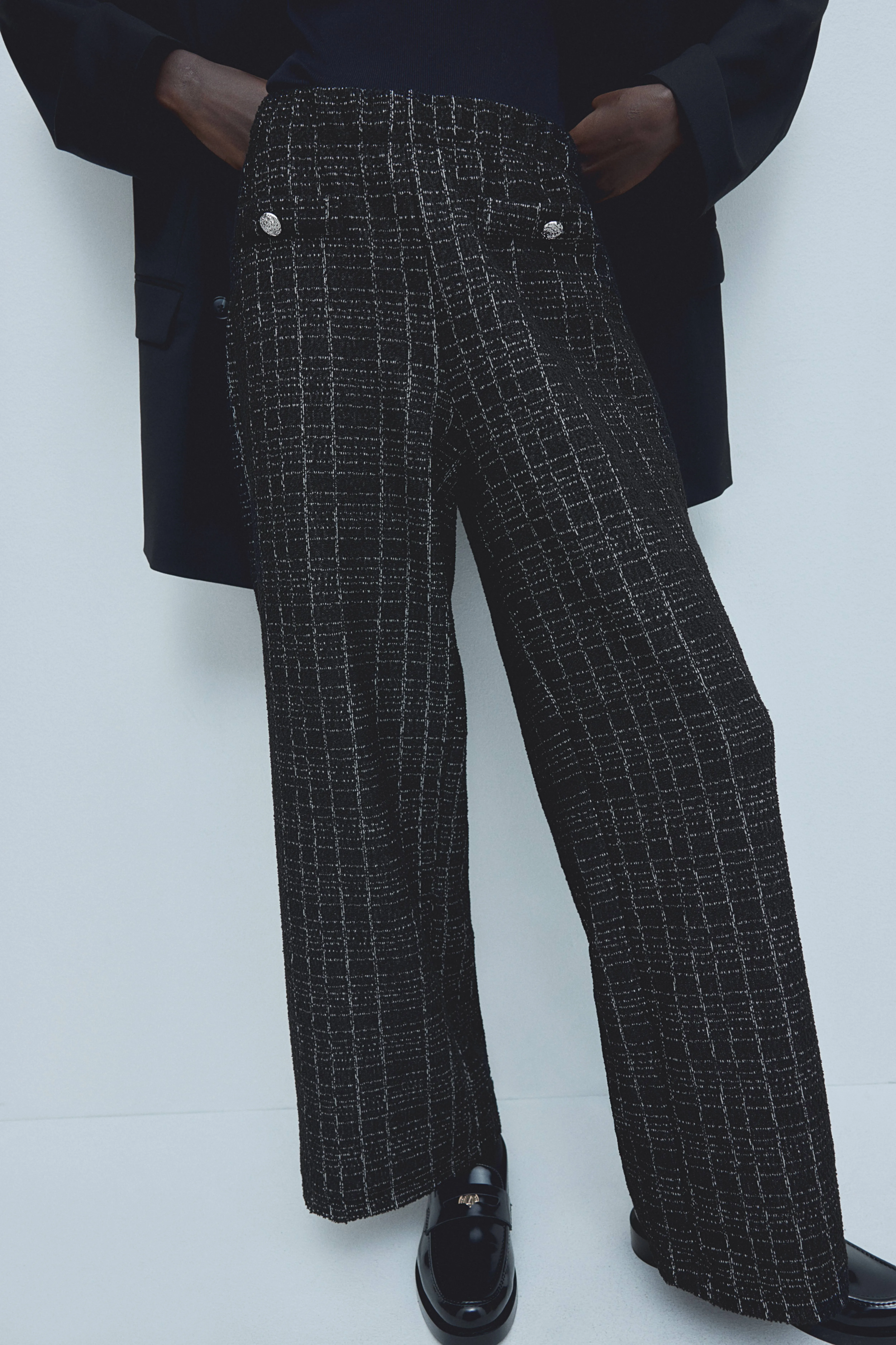 Bouclé-jersey trousers - Regular waist - Long - Black/Checked - Ladies | H&M GB