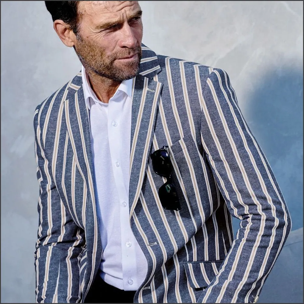 Brook Taverner Regular Fit Rafter Blue Stripe Cotton Linen Jacket-