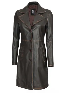 Bryson Women Rub Off Dark Brown Leather Trench Coat