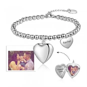 CBA103785 - Personalized Photo Locket Bracelet, Adjustable, Stainless Steel