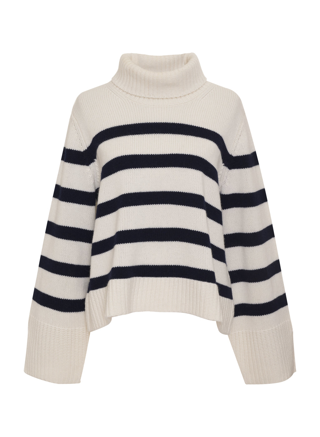 Cozy Cashmere Blend Stripe Turtleneck Sweater in Navy Stripe