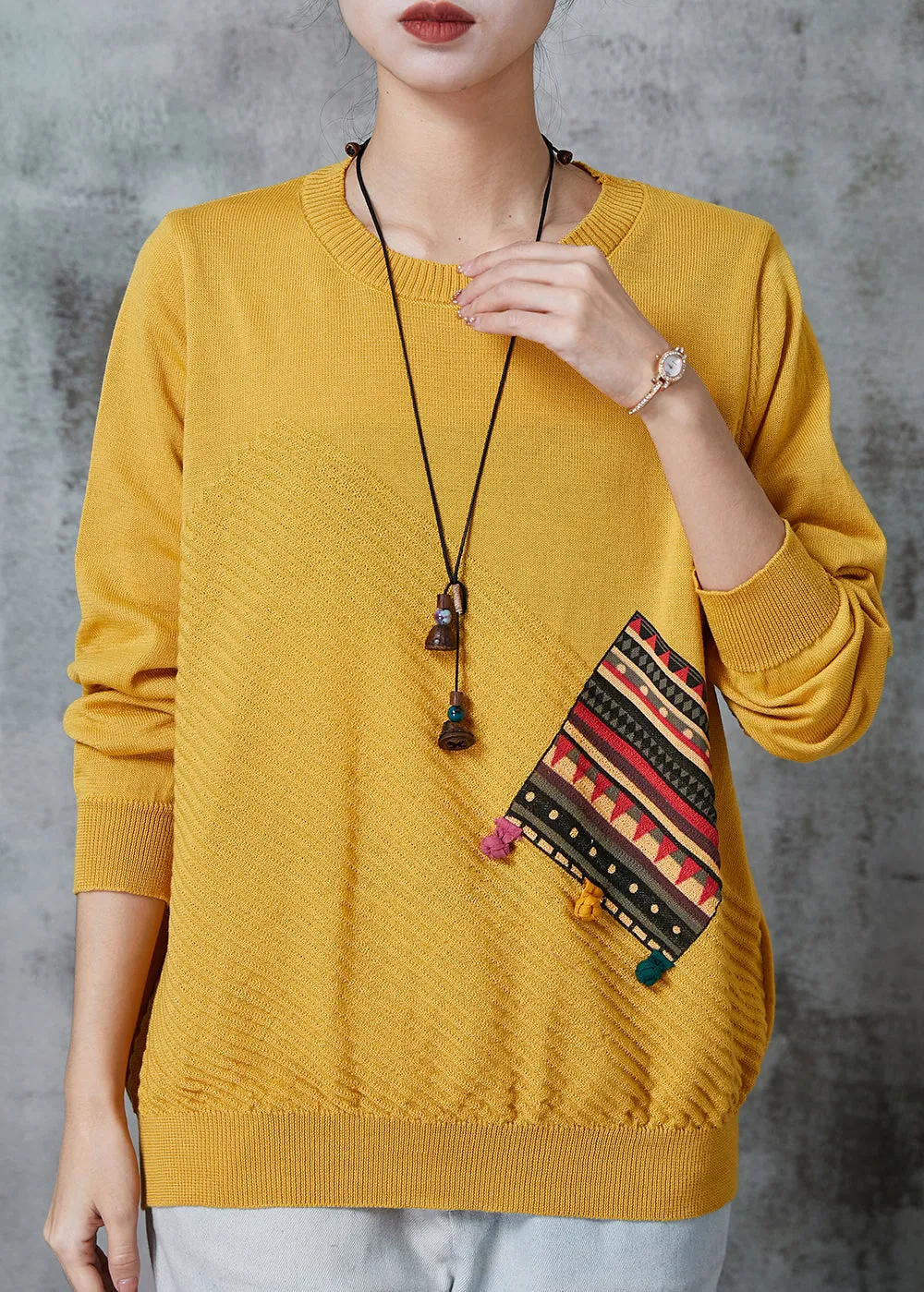 Cozy Yellow Oversized Patchwork Knit Sweater Tops Spring