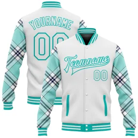 Custom White Ice Blue Aqua-Navy Check Board 3D Pattern Design Bomber Full-Snap Varsity Letterman Jacket