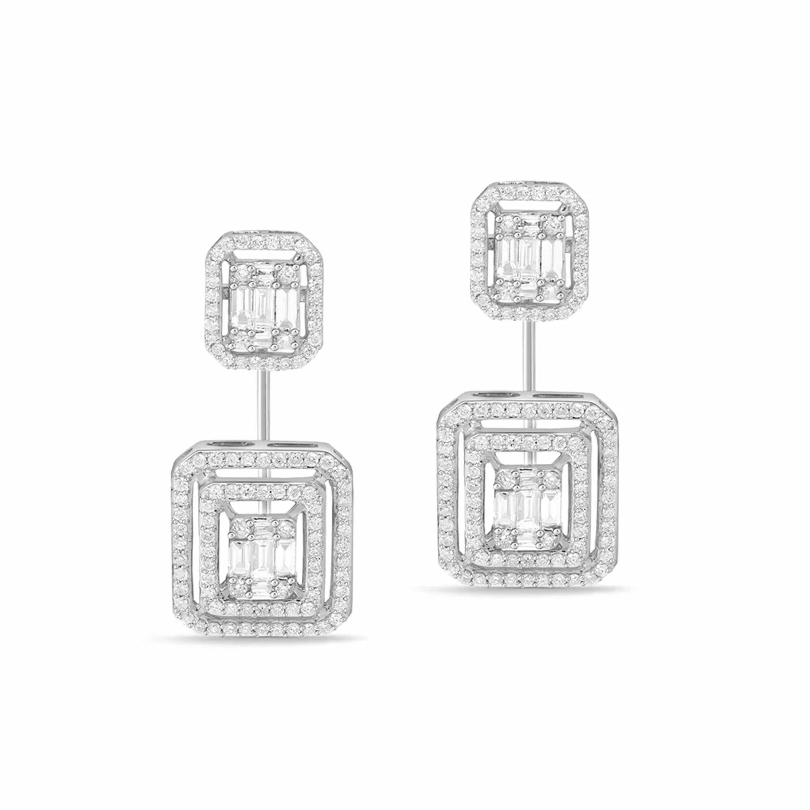 Double Baguette Diamond Hinged Dangle Earrings in Solid 18k White Gold