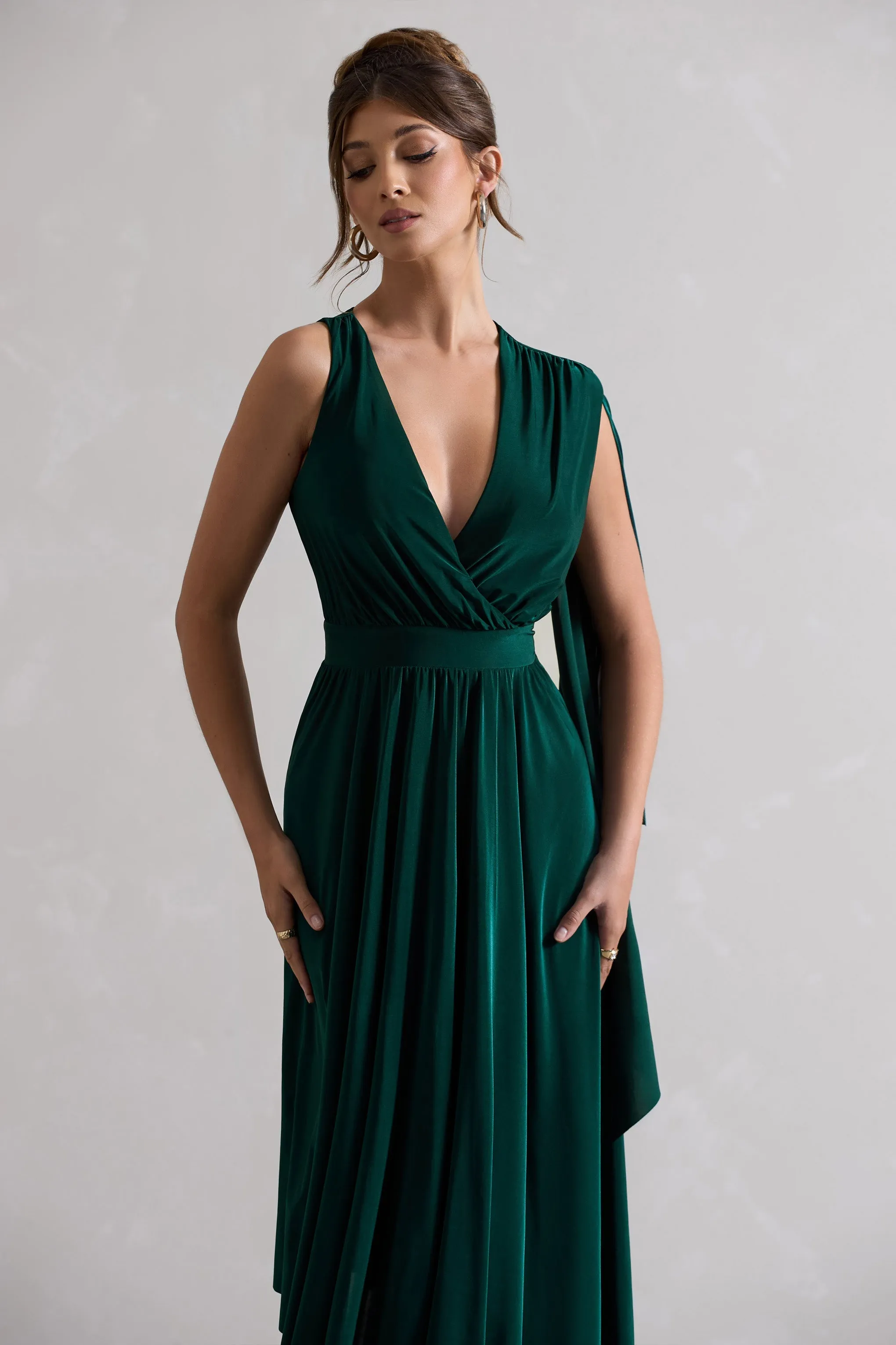 Fable | Bottle Green Plunge-Neck Maxi Dress With Cape Sleeve