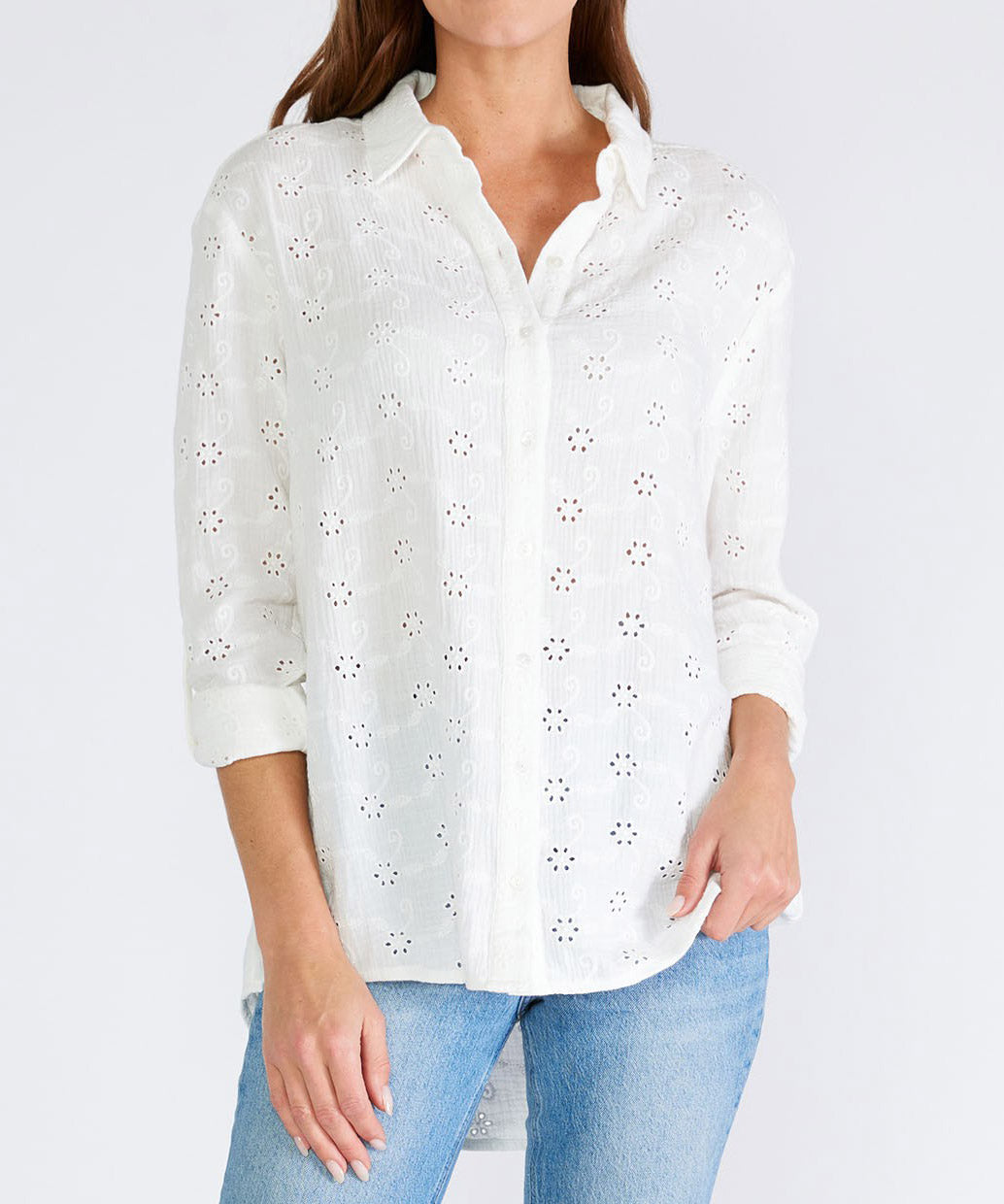 Floral Embroidered Button Down Blouse - White