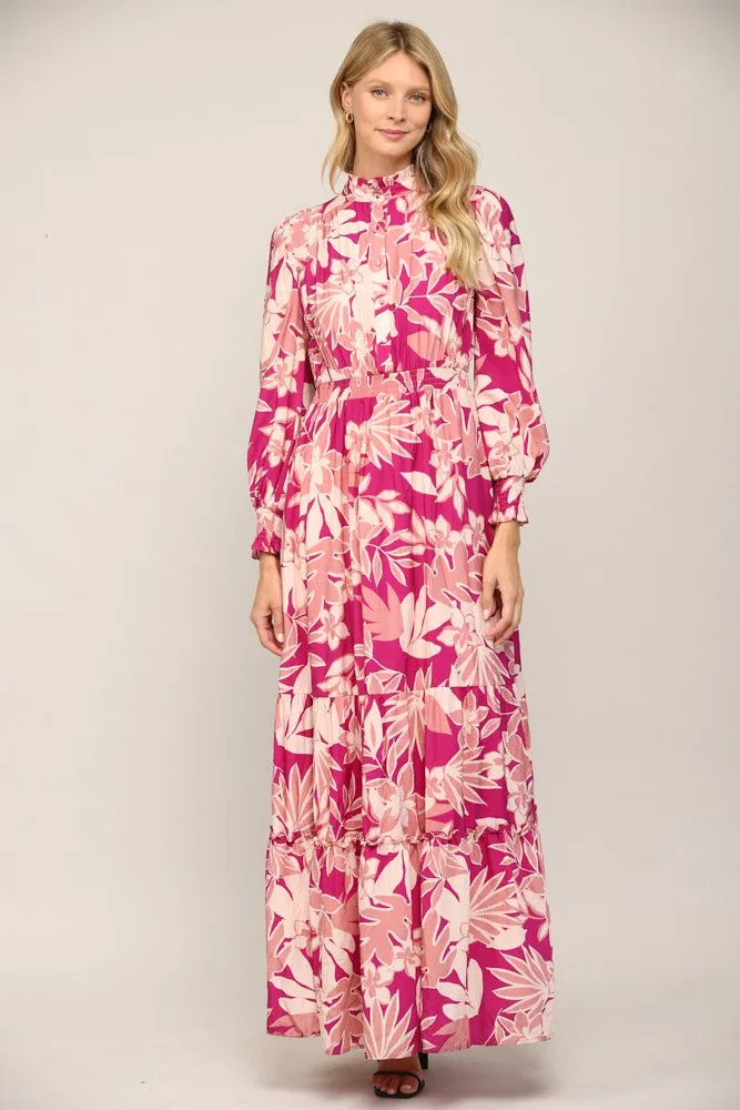 Floral Print Smocked Ruffle Neck Maxi Dress