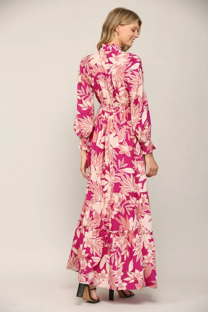 Floral Print Smocked Ruffle Neck Maxi Dress