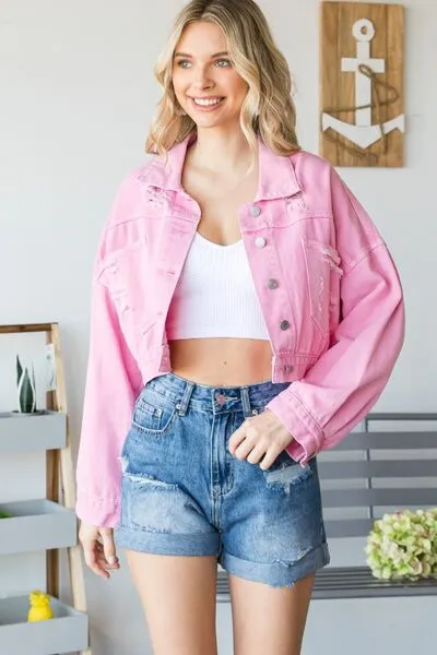 Fringe Distressed Button Up Denim Jacket in Pink