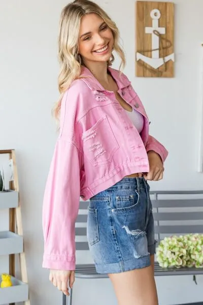 Fringe Distressed Button Up Denim Jacket in Pink