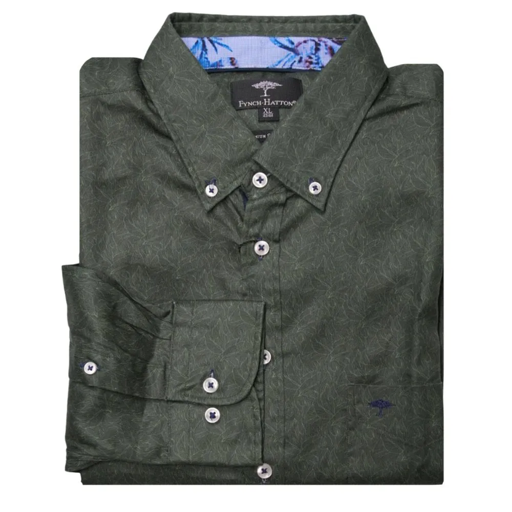 FYNCH-HATTON Basil Leaf Print Green Shirt | Menswear Online