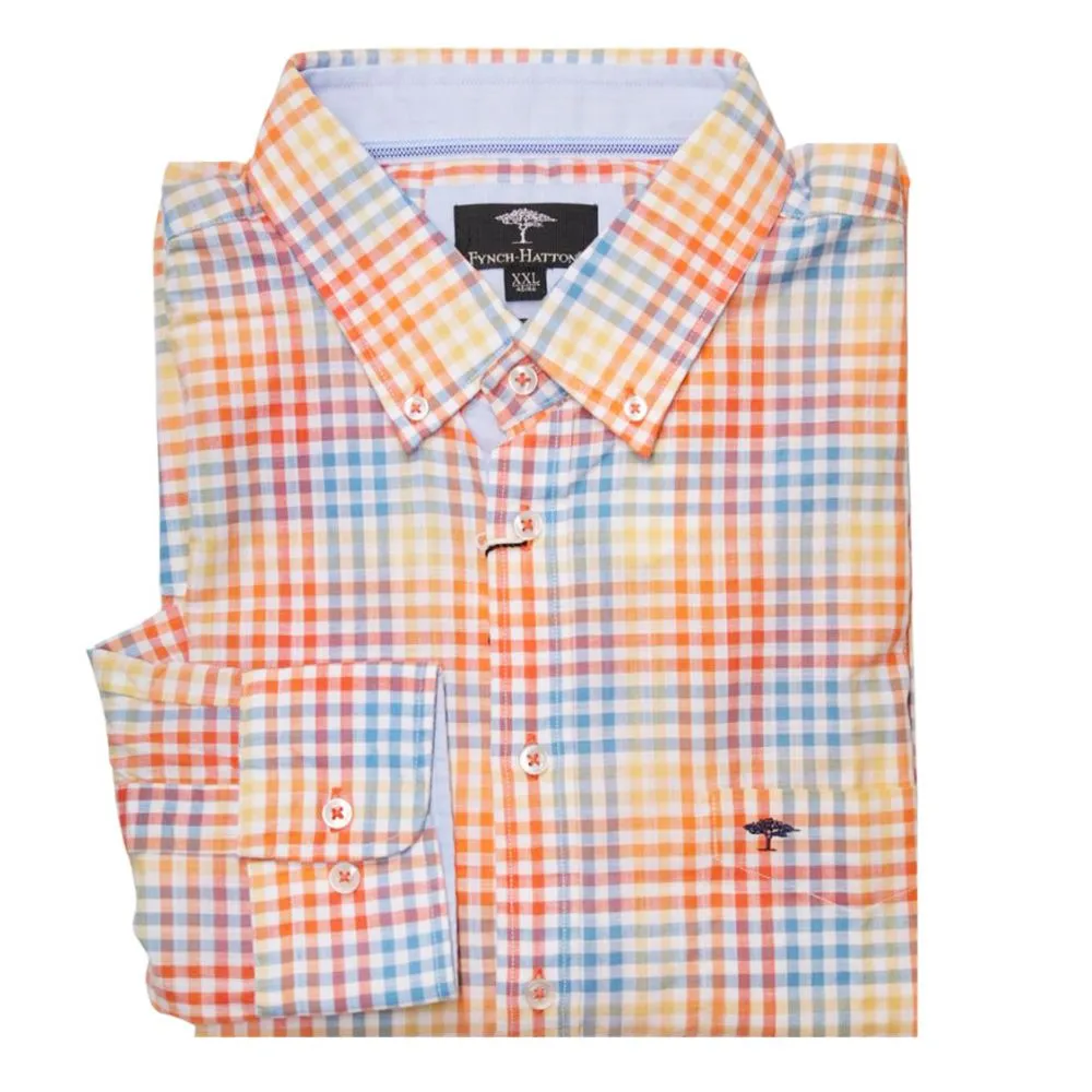 FYNCH HATTON Classic Check Orange Shirt | Menswear Online