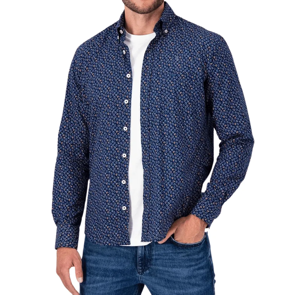 Fynch-hatton NAVY PRINTED COTTON SHIRT | Menswear Online