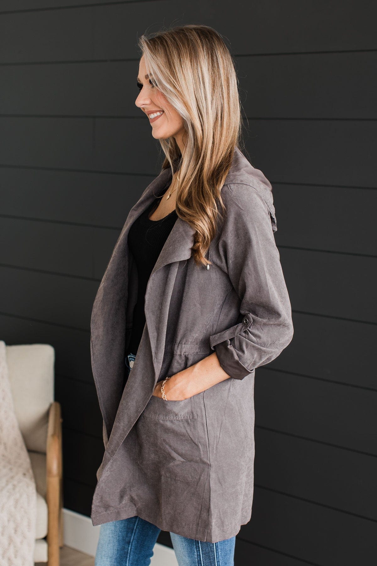 Go Getter Open Front Jacket- Charcoal