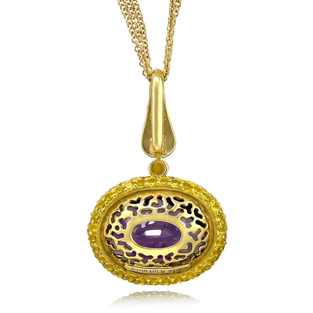 Gold Cocktail Pendant with Amethyst, Sapphires On Chain