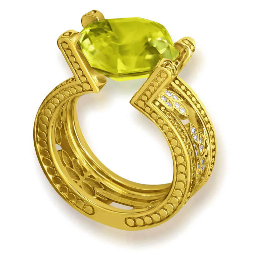 Gold Equilibrium Ring with Lemon Quartz & Diamonds