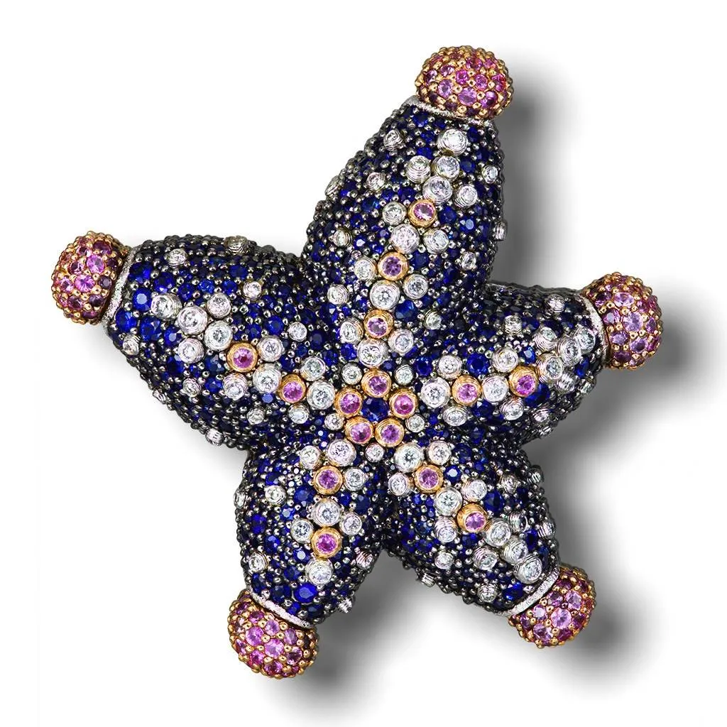 Gold Starfish Necklace with Diamonds and Sapphires