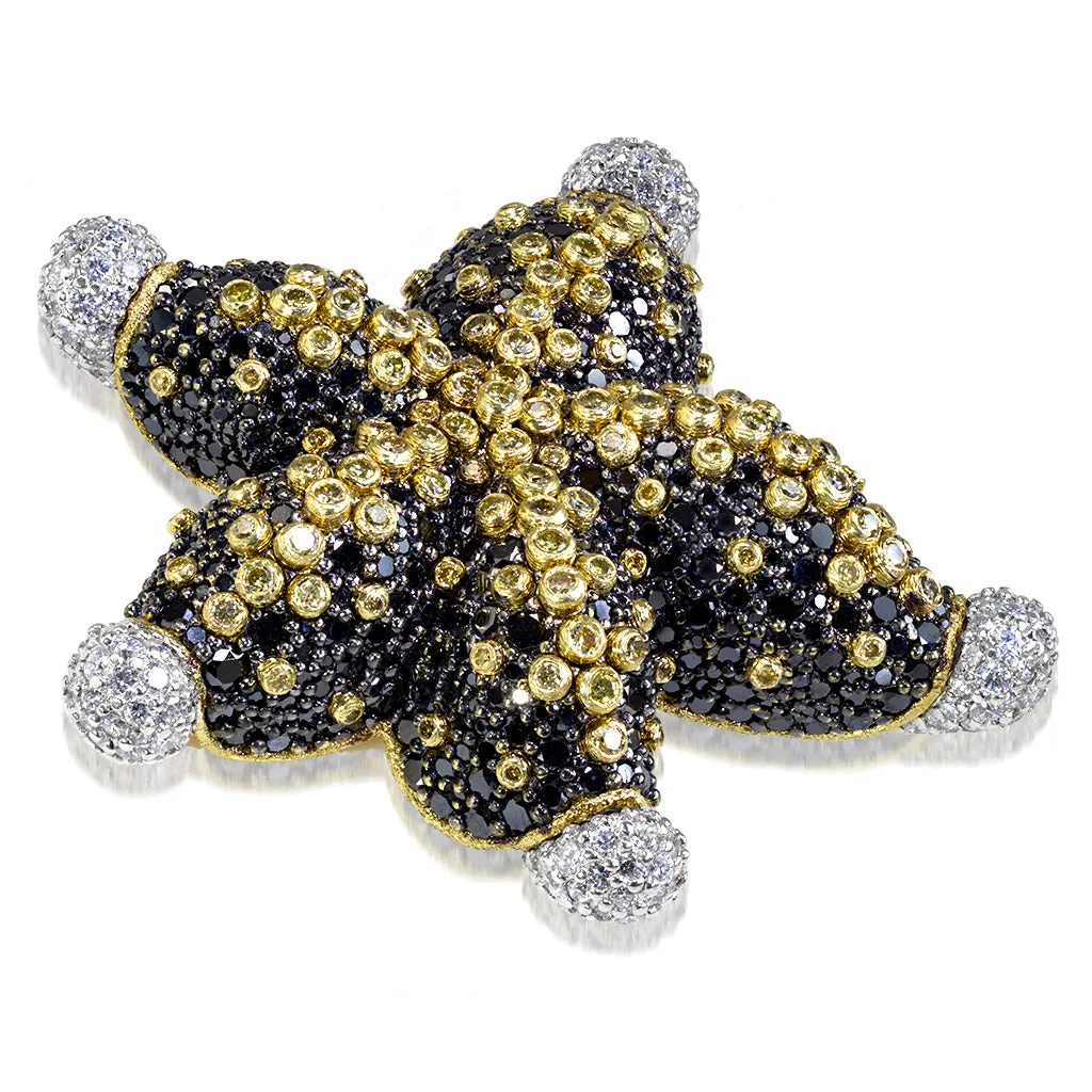 Gold Starfish Ring with Black Diamonds and Sapphires