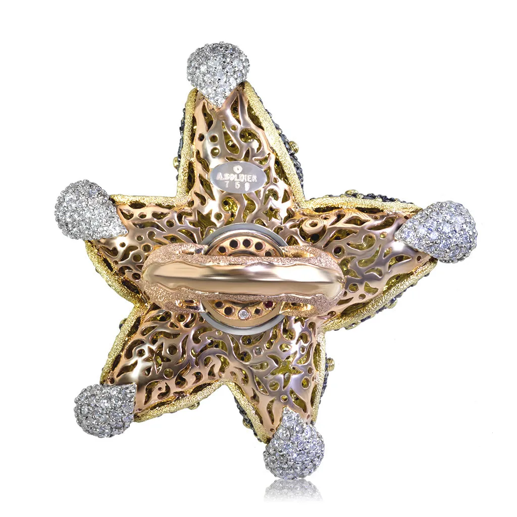 Gold Starfish Ring with Black Diamonds and Sapphires