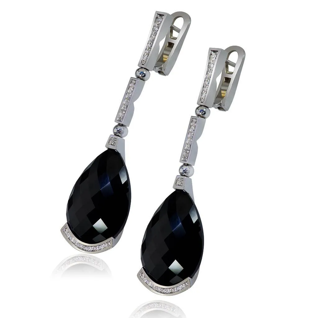 Gold Swan Drop Earrings with Black Onyx & Diamonds