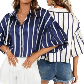 HAMPTONS Bishop Sleeve Buttondown Stripe Blouse Top